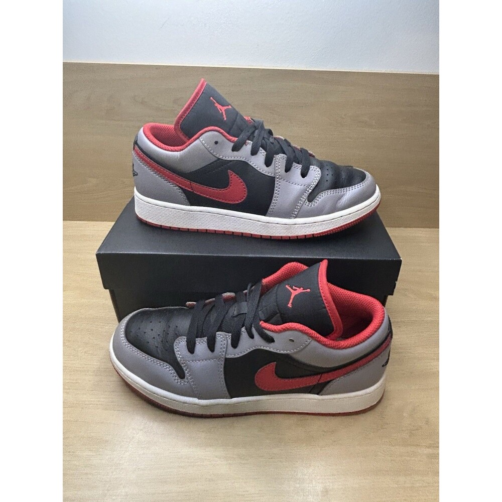 Nike Air Jordan 1 Low Shoes Black Cement Gray Fire Red GS Size 5Y / Womens: 6.5